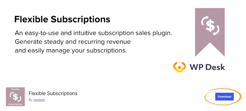 Zrzut ekranu przedstawiający stronę wtyczki Flexible Subscriptions w repozytorium WordPressa z zaznaczonym przyciskiem umożliwiającym jej pobranie za darmo.